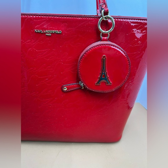 KARL LAGERFELD Red Paris Signature Shoulder Tote Bag Charm Purse Bag. - Picture 12 of 15
